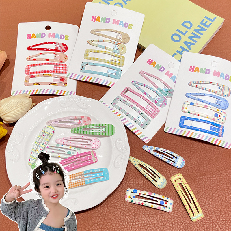 4件套 可爱儿童彩色波点格子发夹边夹侧边刘海夹甜美碎发bb夹一字