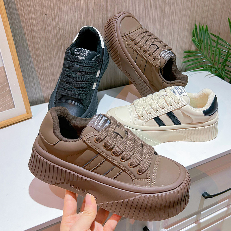 真皮小白鞋女2025冬季新款加绒德训鞋女保暖饼干鞋女厚底休闲女鞋