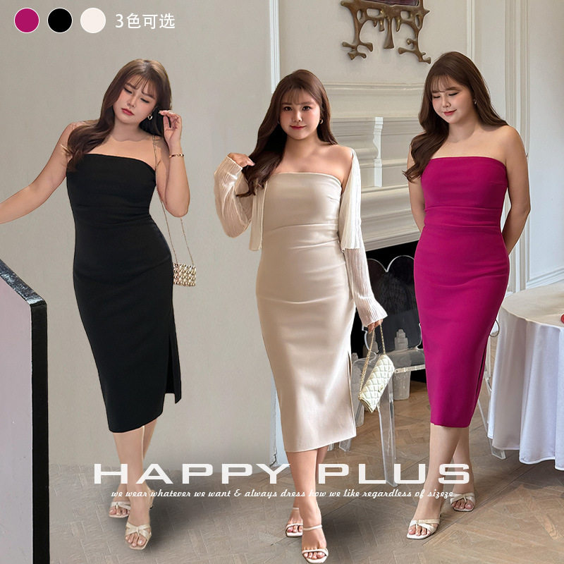 happyhut加肥加大码女装200斤胖mm夏开叉连衣裙雕塑感抹胸礼服裙