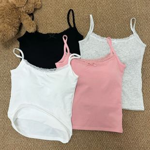 带胸垫上衣 甜辣妹白色蕾丝边bm吊带小背心女秋冬磨毛内搭打底短款