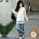 女童2025年秋冬新款下摆蕾丝加绒打底衫女大童纯色半领御寒毛衣，童装外套，祺儿童装