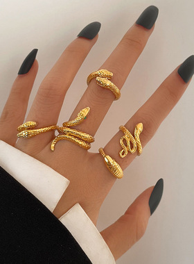 独立站热销蛇形戒指创意个性月亮珍珠戒指套装6件套金属关节戒指