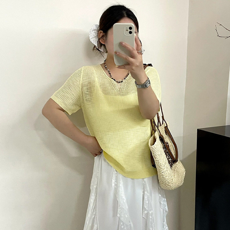 大码女装23966薄款圆领针织衫女休闲上衣2026夏款胖mm外搭短袖t恤