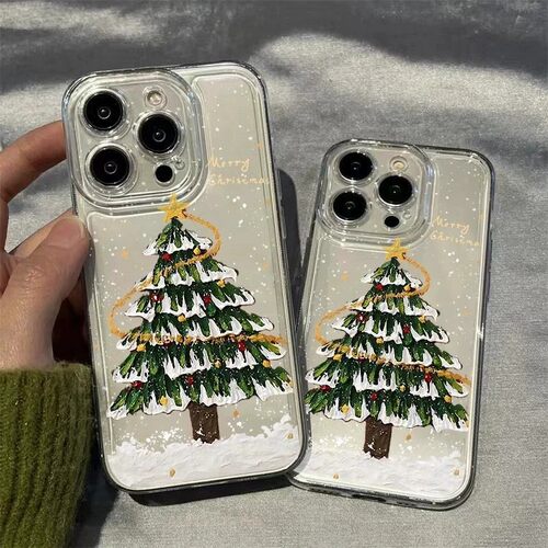 Painted Christmas Pine Tree Snow Scene Star Clear Phone Case 适用 iPhone 18 17 Pro Protective Cover