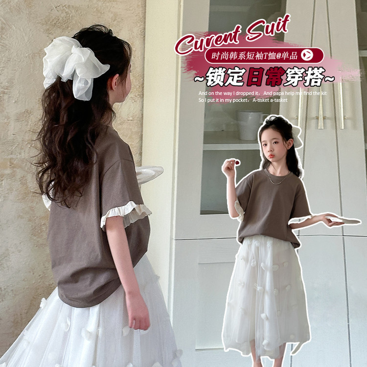 女童2025年夏季短袖中大童韩版洋气宽松T恤学生时髦显瘦上衣，童装T恤，祺儿童装