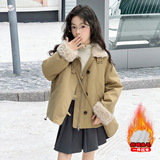 女童加绒外套2025年冬季新款中大童韩系派克服毛毛拼接棉衣夹克衫，童装外套，祺儿童装