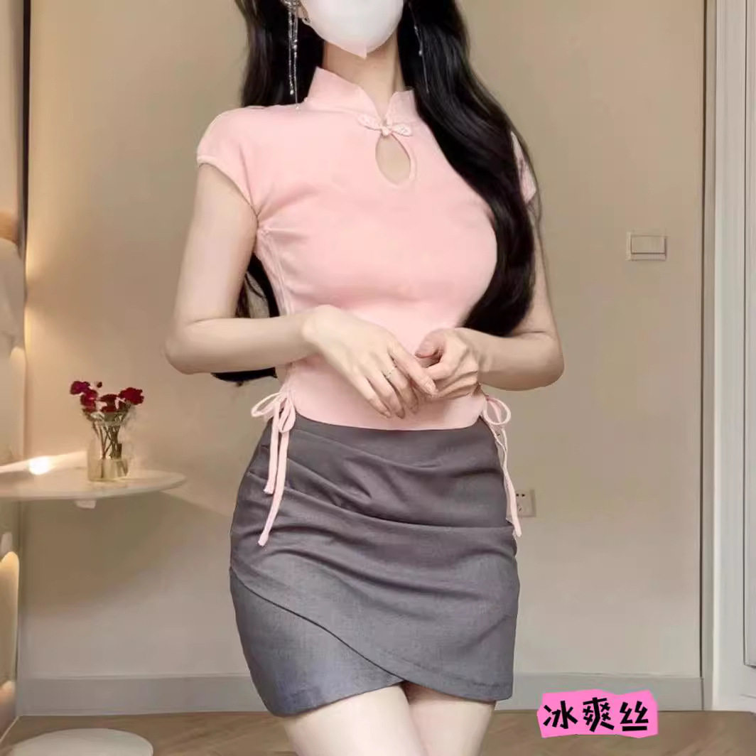 纯欲盘扣正肩冰丝针织短袖t恤女抹胸
