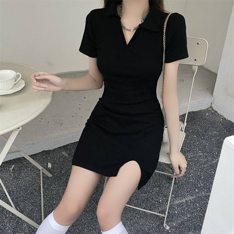 新款黑色包臀连衣裙春夏季修身显瘦裙子开叉辣妹装气质收腰小黑裙