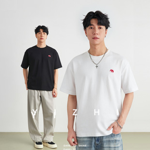 亦止小象刺绣棉纺T恤夏季圆领宽松亲肤透气通勤简约短袖上衣潮男
