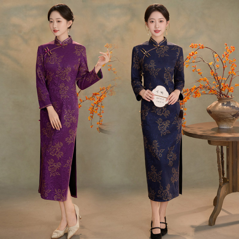 蓝色加绒加厚冬装国风中式长款长袖旗袍2025新款女复古妈妈秋冬季