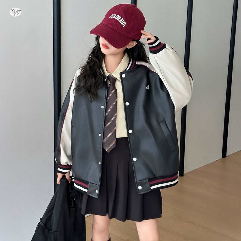 女童皮衣外套2025年秋季新款中大童撞色刺绣夹克衫插肩袖棒球服潮，童装夹克，祺儿童装