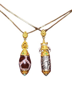 藏式多图腾玛瑙天珠项链吊坠S925镶嵌石天珠吊坠