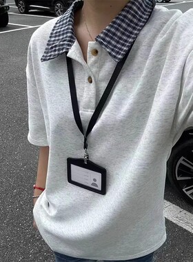 XIAOHU美式假两件拼接POLO衫男女夏季设计感翻领格子衬衫领T恤