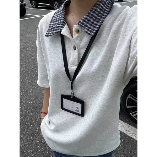 XIAOHU美式假两件拼接POLO衫男女夏季设计感翻领格子衬衫领T恤