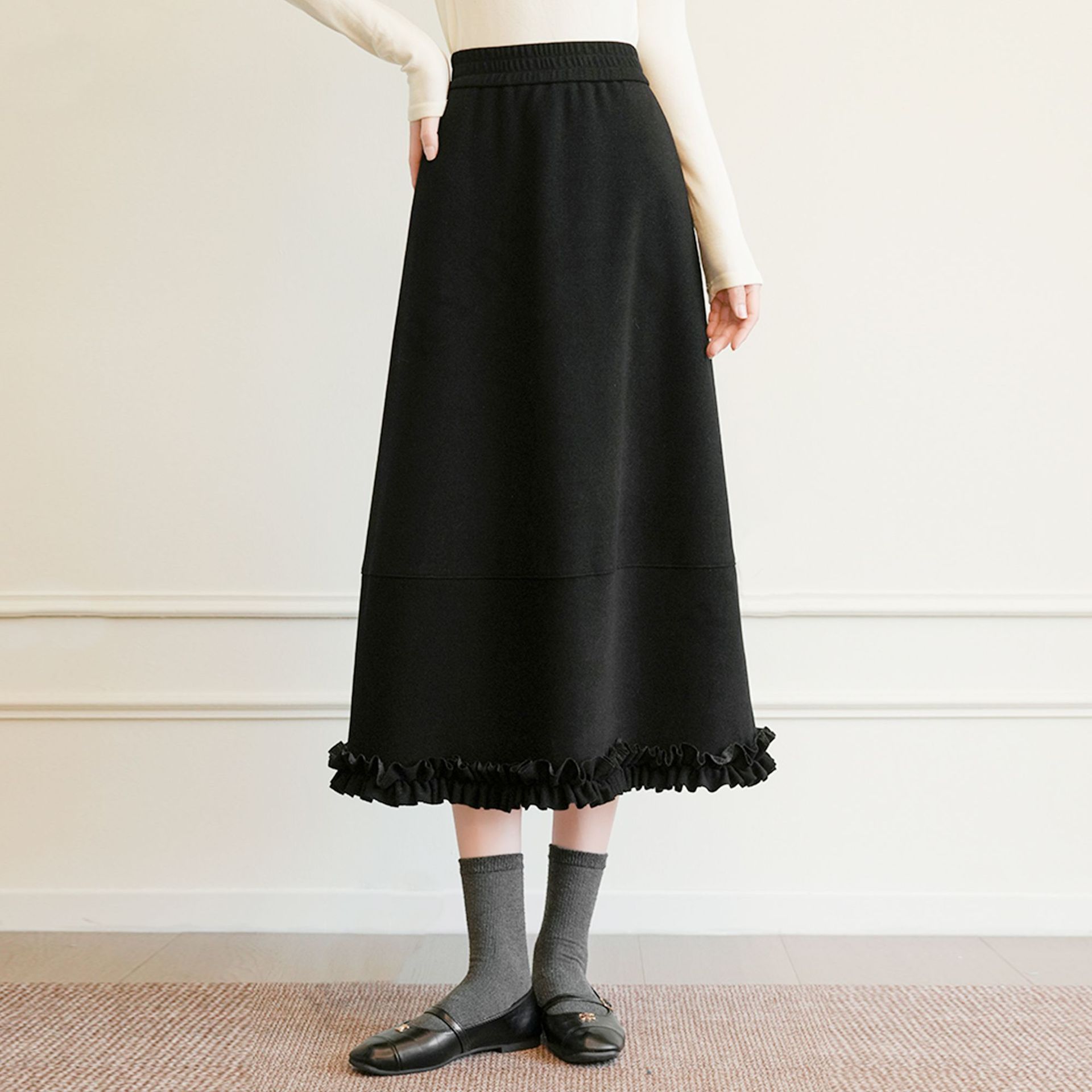 新品2025冬【醋酸羊毛】混纺腰松紧大摆木耳边加厚A字伞裙半身裙