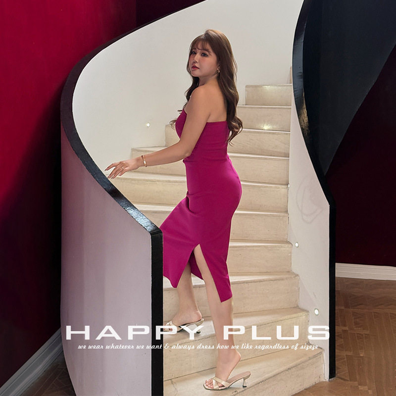 happyhut加肥加大码女装200斤胖mm夏开叉连衣裙雕塑感抹胸礼服裙