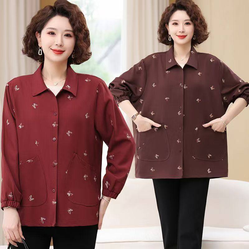 大码中老年人女装春秋装衬衫加肥加大码200斤胖妈妈装棉麻薄外套