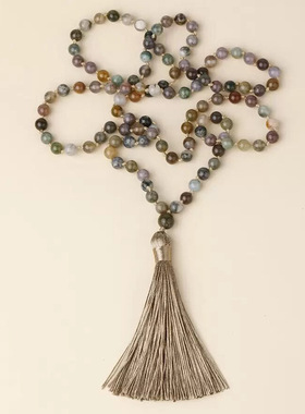 火山石长款项链108天然石串珠打结项链印度玛瑙女士复古流苏项链