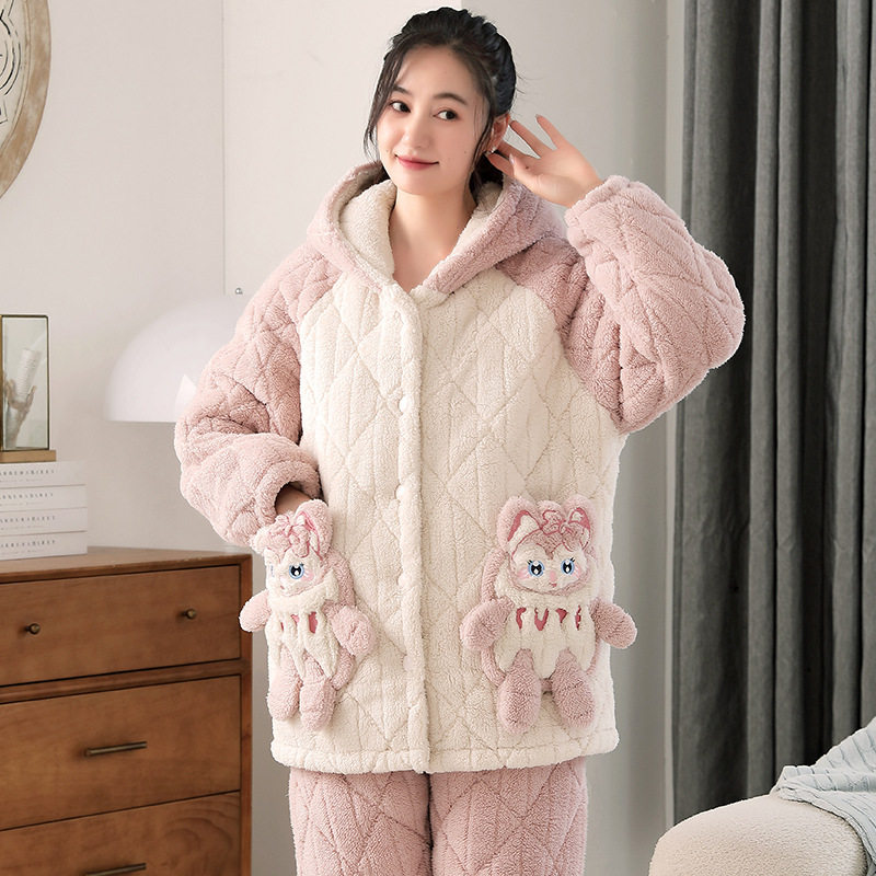 三层夹棉珊瑚绒睡衣女秋冬季可外穿加绒加厚保暖冬天家居服加棉袄