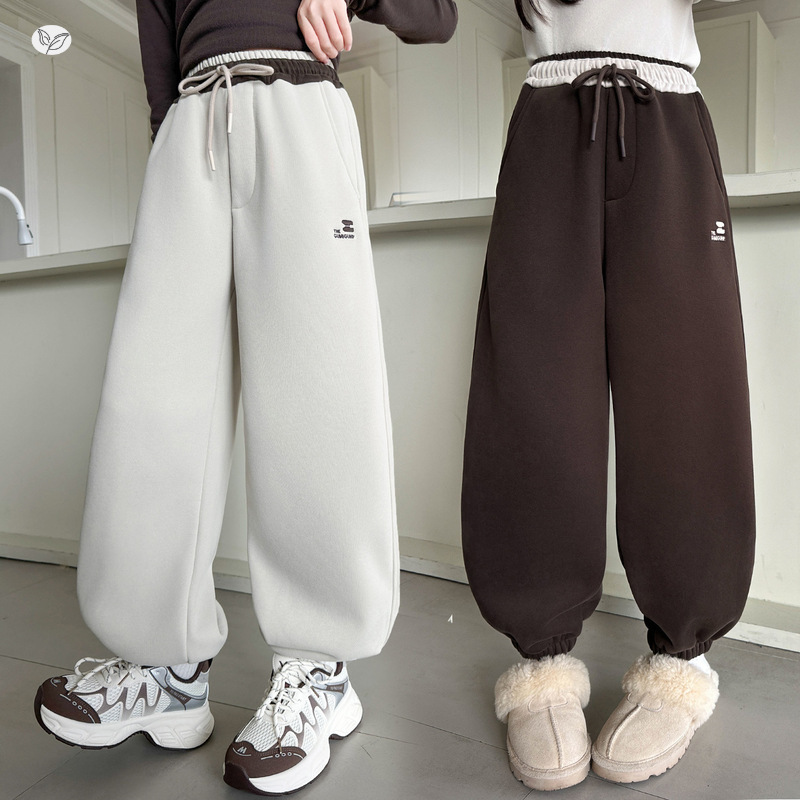 女童加绒卫裤2025年秋冬新款休闲刺绣束脚裤中大童阔腿裤直筒长裤，童装裤子，祺儿童装