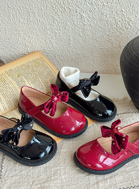 2025春秋新款儿童蝴蝶结公主鞋女童玛丽珍红色皮鞋浅口漆皮演出鞋