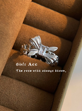 个性甜酷风蝴蝶结戒指女小众轻奢风锆石食指戒百搭气质级感指环