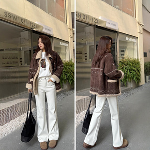 本期王炸裤型~米白窄版加绒牛仔裤女秋冬新直筒拖地阔腿裤