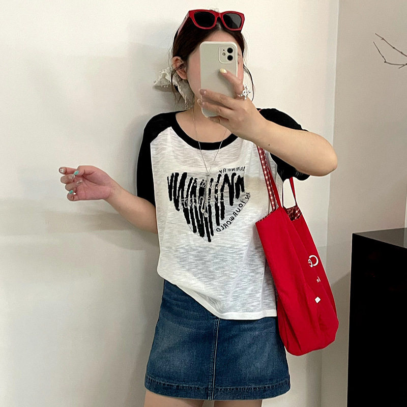 大码女装23939撞色圆领短袖t恤女2026夏款胖mm薄款宽松提花针织衫