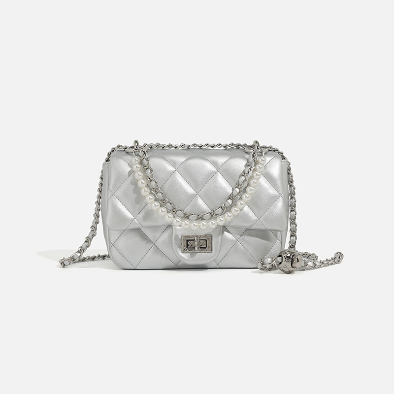 跨境发2025新款经典菱格绣线小方包时尚珍珠链条肩斜挎女包