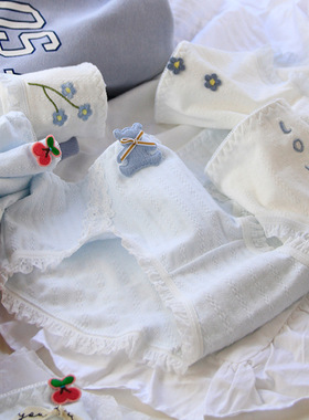 A类 多巴胺可爱软萌小熊内裤女中腰木耳花边纯棉裆女士三角裤C091