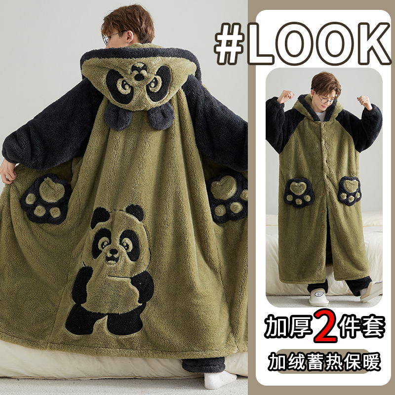 睡衣战袍男一体睡袍男士秋冬珊瑚绒加绒加厚法兰绒浴袍睡衣睡裤中