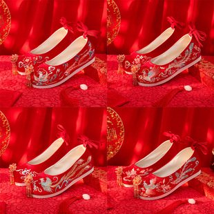 2023新款珠花装饰红色婚鞋内秀禾鞋中式敬酒结婚鞋子古风汉服鞋