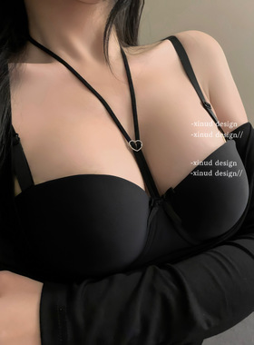 半杯挂脖式心机辣妹光面内衣女聚拢显大上托美背收副乳防下垂文胸