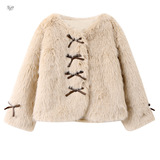 女童夹棉皮草外套2025年秋冬新款中大童韩范蝴蝶结毛毛衣短款开衫，童装外套，祺儿童装