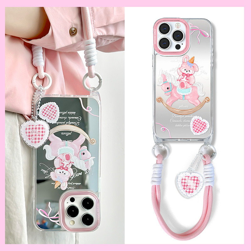 手提短绳粉色木马苹果卡通镜面