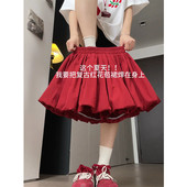 红色花苞裙子半身裙女夏2025新款 a字蛋糕裙百褶蓬蓬裙甜美小个子