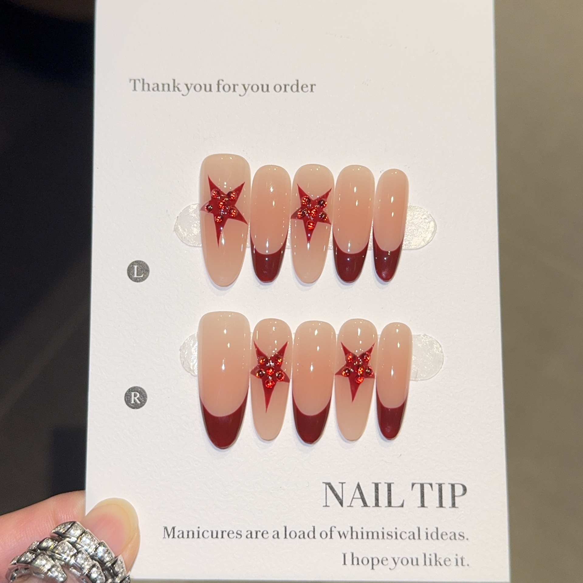 酒红法式红色氛围感纯手工穿戴甲长款秋冬美甲贴片成品假指甲片