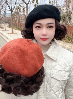 假发帽子一体女短卷发全头套时尚洋气秋冬贝雷帽妈妈款头套