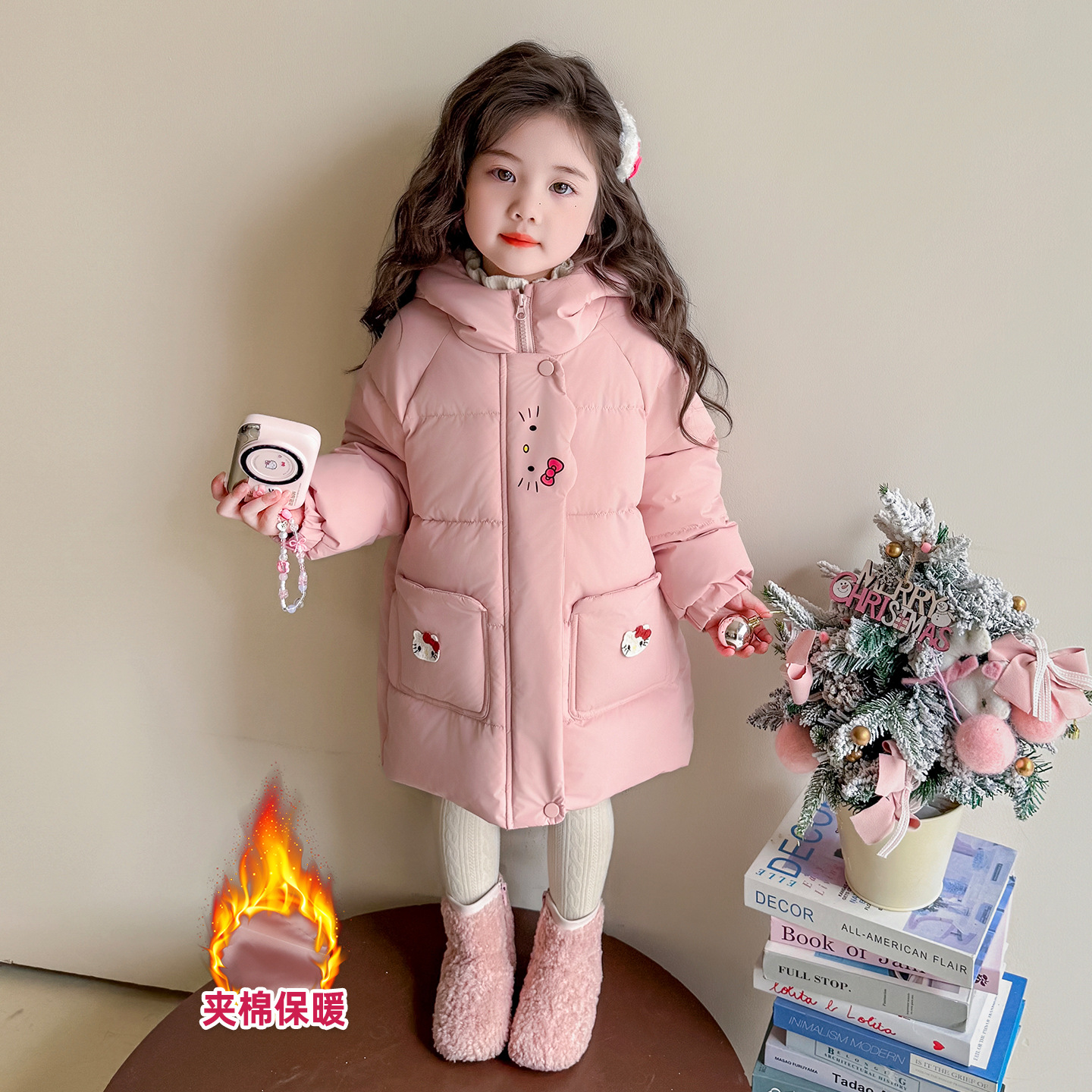 女小童中长款棉服冬季女连帽加厚保暖冬装小女孩卡通棉衣外套P108，童装棉衣，祺妙童装