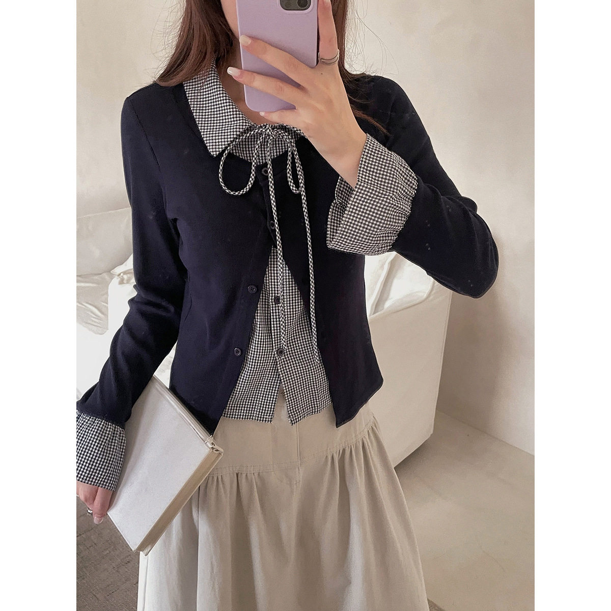 【歌铭】韩系格纹翻领假两件衬衣女广州十三行秋季衬衫上衣CN586图片