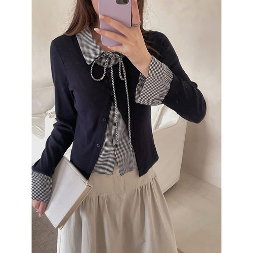 【歌铭】韩系格纹翻领假两件衬衣女广州十三行秋季衬衫上衣CN586