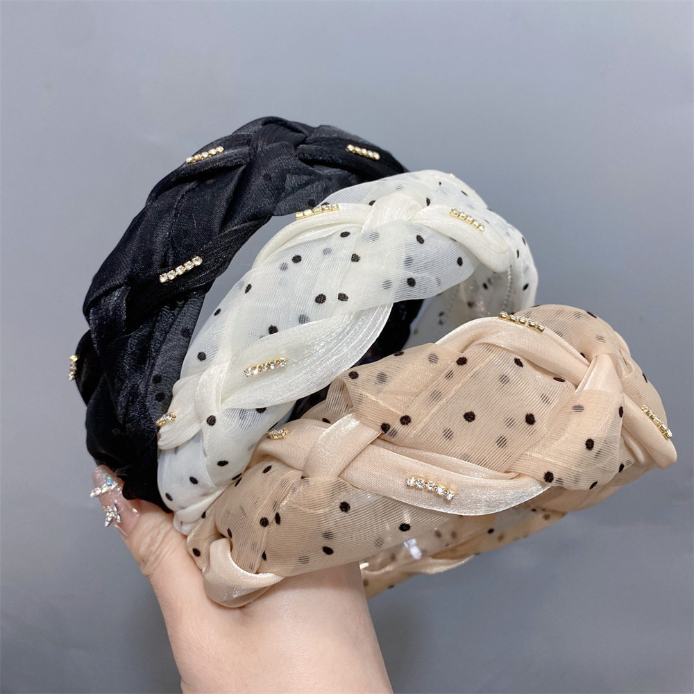 圆点欧根纱四股辫麻花带齿发箍女水钻设计感韩版发饰网纱压发头箍