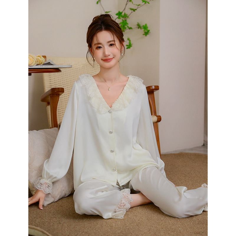 长袖冰丝睡衣女2023新款春秋季宽松蕾丝拼接甜美套装级感家居服
