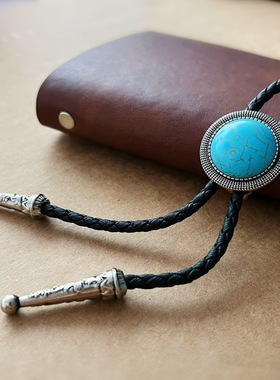 复古波洛领带项链皮绳男女松石