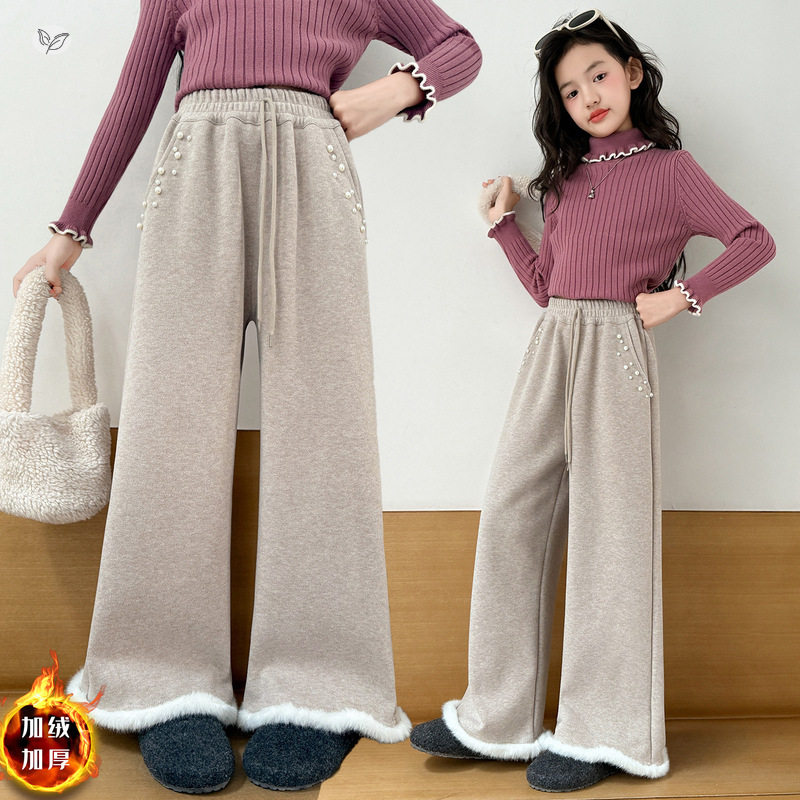 女童2025年冬季新款珍珠毛边羊驼绒针织微喇裤女大童加绒休闲裤子，童装裤子，祺儿童装