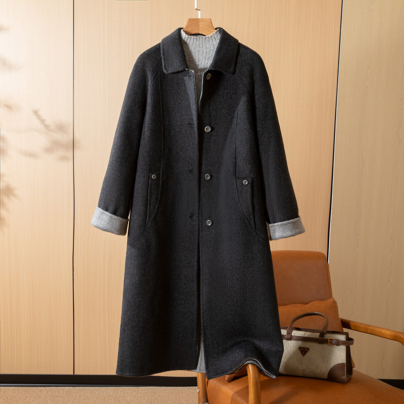 2025冬新款高端气质翻领双面呢大衣女洋气双色保暖羊毛呢外套长款