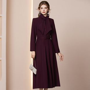 冬装 加厚长款 连衣裙新款 配围巾修身 毛呢外套裙子 精品女装 超好看