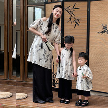 炸街亲子装夏季新款国风姐弟装改良新中式一家三口套装母女装薄款