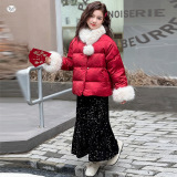 女童新款2025年冬可拆卸毛茸围脖年服套装女大童新春毛袖口拜年服，童装休闲套装，祺儿童装