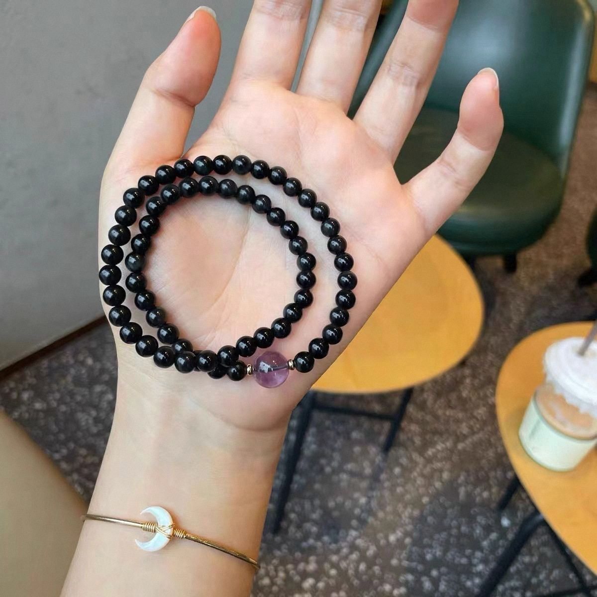 新中式黑色串珠双层手串女小众复古级感紫水转运珠手饰双圈手链